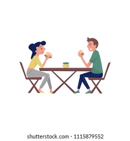 Young couple sitting behind wooden table and eating tasty burgers. Lunch time. Fast food theme. Flat vector design