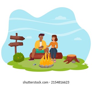 A young couple is sitting by a campfire in nature. Summertime camping, hiking, camper, adventure time concept. Flat vector illustration for poster, banner, flyer