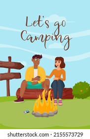 Una pareja joven está sentada junto a una fogata en la naturaleza. Camping en verano, senderismo, acampada, concepto de tiempo de aventura. Ilustración vectorial plana para afiches, pancartas, volante