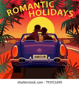 Young couple sitting in cabriolet car on beach near ocean at sunset and kissing. Back view. Lettering Romantic Holidays. Love in car concept. Simplistic realistic style. Vector illustration