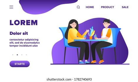 Junge Ehepaare saßen im Café und tranken Blasentee. Datum, Liebe, Kaffee-Wohnung, Vektorgrafik. Relationierungs- und Familienkonzept für Banner, Website-Design oder Landing-Webseite