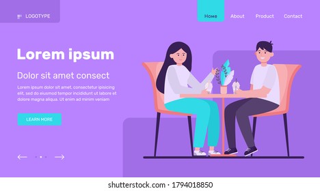 Junge Ehepaare saßen im Café und tranken Blasentee. Datum, Liebe, Kaffee-Wohnung, Vektorgrafik. Relationierungs- und Familienkonzept für Banner, Website-Design oder Landing-Webseite