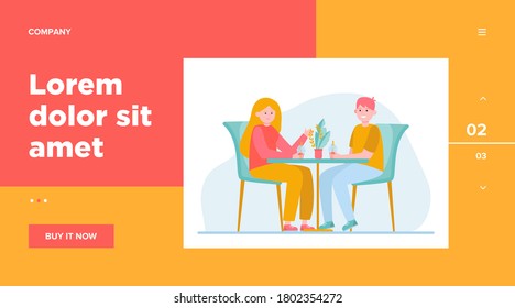 Young couple sitting in cafe and drinking bubble tea. Date, love, coffee flat vector illustration. Relationship and family concept for banner, website design or landing web page