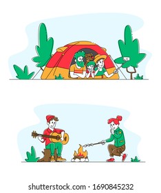 Young Couple Sitting at Campfire in Forest Singing Songs, Playing Guitar and Frying Marshmallow. Tourists Family Characters in Tent at Summer Camp, Traveling Leisure. Linear People Vector Illustration