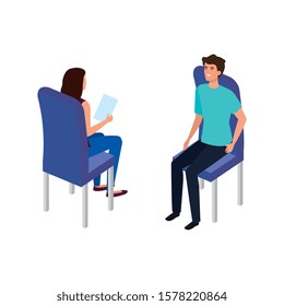 young couple sitting in chair isolated icon vector illustration design