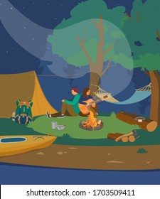 Young couple sitting with guitar near night campfire. Night camp site near river. Camping scene. Cartoon vector illustration.