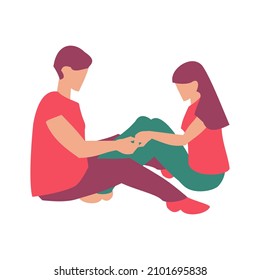 Young couple sitting and holding hands St Valentine card Flat vector illustration