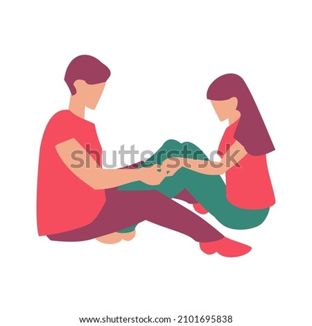 Young couple sitting and holding hands St Valentine card Flat vector illustration