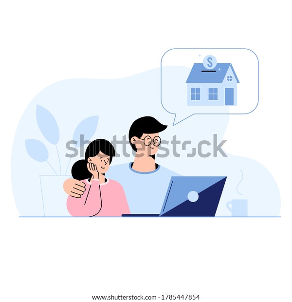 Young couple sitting at home choosing a\
suitable house mortgage option in a laptop. Man and woman select\
house to buy, rent, bank to approve mortgage. Flat design home loan\
concept vector\
illustration