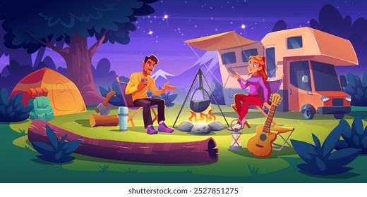 Young couple sitting near campfire and talking during outside camping with camper van in forest at night. Cartoon vector man and woman in campsite with motorhome and tent, cooking on fire and guitar.