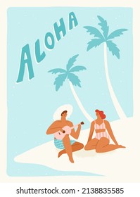 Joven pareja sentada en la playa por palmeras. Dibujo vectorial de un niño tocando ukulele a una chica cerca del mar. El concepto de vacaciones de verano en un estilo retro moderno.
