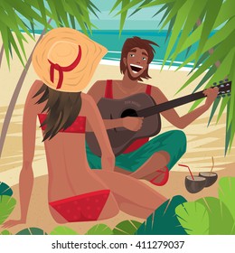 Young Couple Sitting On Beach. Guy Plays Guitar And Sings, And Girl In A Hat Sitting In Front Of Him. Front View Of The Man And The View From The Back Of The Woman. Vector Illustration