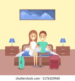 Young couple sitting on the bed in hotel room with laptop computer. Cozy and comfortable interior. Flat vector illustration