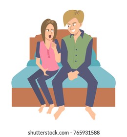 young couple sitting on the bed and talking - funny cartoon vector illustration