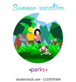 Young couple sitting on bench in park on background of strolling people. Walking Dogs. Parks. Modern flat cartoons vector illustration icons. Isolated on white.Summer vacation,rest,holiday.Smile pug.