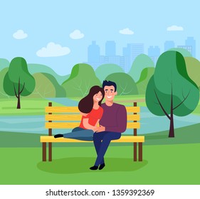 Young couple sitting on bench in the park. Vector flat illustration.