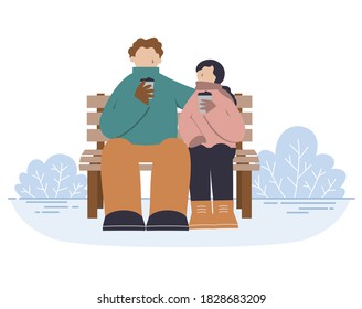 Young couple sitting on a bench with coffee, wearing warm clothes. Male and female faceless characters. Isolated on white background. Flat vector illustration.