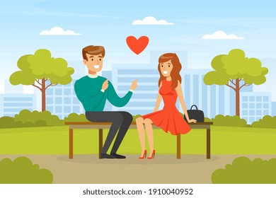 Young Couple Sitting on Bench in Park, Man and Woman Having Romantic Date in City Park Cartoon Vector Illustration