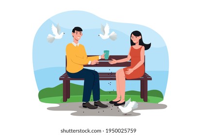 Young couple is sitting on a bench in park and feeding pigeons. Man and woman scatter feed for urban pigeons. Friendly relations between people. Flat cartoon vector illustration