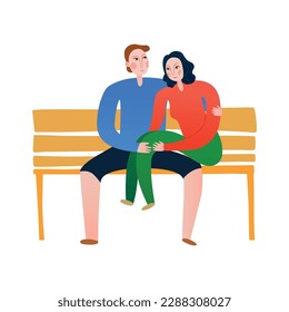 Young couple sitting on bench in park flat vector illustration