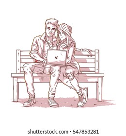 Young couple sitting on a bench and listen to music