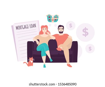 Young couple sitting on the couch and dreaming about own home. Home loan or Mortgage. Vector flat cartoon illustration