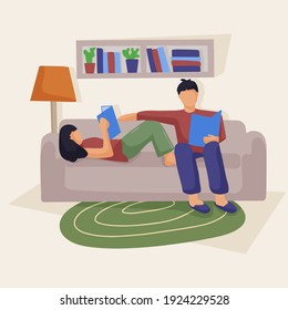 A young couple sitting on the couch in the living room. They are reading paper books. Love and relationships. Learning at home, family activities together.  vector flat illustration