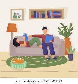 A young couple sitting on the couch in the living room. They are reading paper books. Love and relationships. Learning at home, family activities together.  vector flat illustration