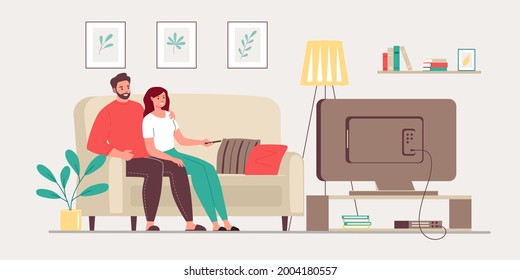 Young couple sitting couch together  watching movie   Happy man   woman relaxing   watching video  Cartoon vector illustration