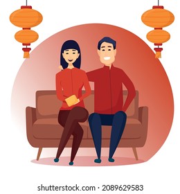 A young couple is sitting on the couch. Celebrating Chinese New Year. Vector illustration.