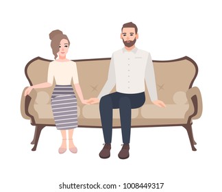 Young couple sitting on elegant sofa, holding hands and looking at each other. Man and woman in love on classical couch isolated on white background. Cute flat cartoon characters. Vector illustration.