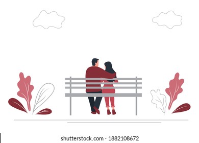 Young couple is sitting on a park bench. The man hugs the woman. Back view. There are also plants and clouds in the picture. Vector illustration