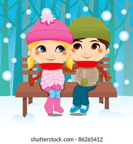Young couple sitting on a park bench sharing scarf on winter