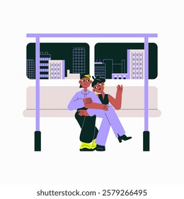 Young Couple Sitting On Public Transport In Flat Vector Illustration Symbolizing City Commute, Relationships, And Urban Travel, Isolated On White Background