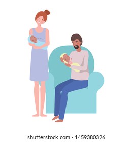 young couple sitting on sofa with newborn baby