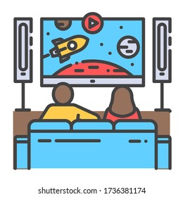 Joven pareja sentada en el sofá y viendo la televisión. Vista interior de la sala de estar con mobiliario. El ocio en casa. Ilustración aislada del vector. Trazo editable