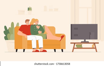 Young couple sitting on sofa watching tv news at home in cozy room. Shock content, negative news. Flat style vector illustration.