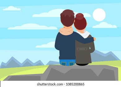 Young couple sitting on stone rock and enjoying beautiful nature landscape with mountains. Outdoor recreation. Back view. Flat vector