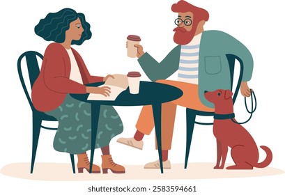 Young couple sitting on the terrace of outdoor cafe drinking coffee and reading book. Flat vector illustration