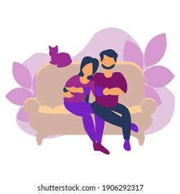 Young couple sitting on yellow sofa with cat Flat vector illustration