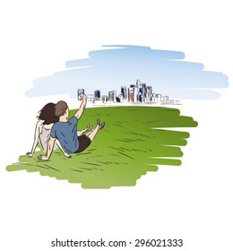 A young couple sitting outside the city and making selfie. EPS10 vector illustration
