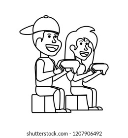 young couple sitting playing video game