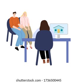 Young couple sitting in real estate office and talking with agent about buing house