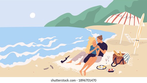 Young couple sitting and relaxing on picnic blanket at seaside. People hugging and drinking wine on beach by sea. Romantic date of man and woman on seashore. Colored flat vector illustration