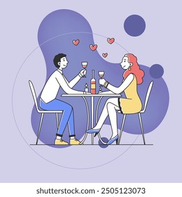 Young couple sitting in restaurant at romantic dinner flat vector illustration. Happy man and woman drinking wine together. Love and anniversary concept.
