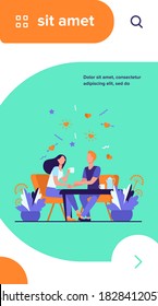 Young couple sitting in restaurant together isolated flat vector illustration. Cartoon romantic girl and guy drinking coffee on date. Love and anniversary concept