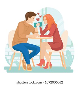 Young couple sitting in restaurant together isolated flat vector illustration. Cartoon romantic girl and guy drinking coffee on date. Love and anniversary concept