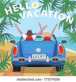 Young couple sitting in retro cabriolet car with raised open arms outstretched, on beach near ocean. Back view. Lettering Hello Vacation. Simplistic realistic style. Vector illustration