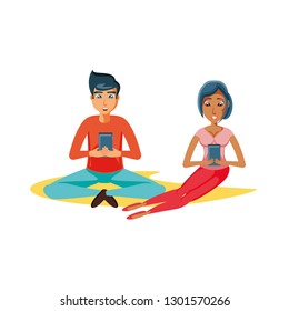 young couple sitting with smartphone