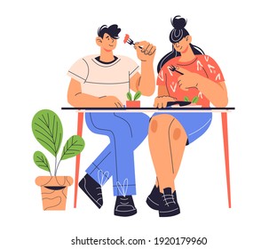 Young couple sitting at table and dining, cartoon flat vector illustration isolated on white background. Date in restaurant. People having lunch in street cafe.